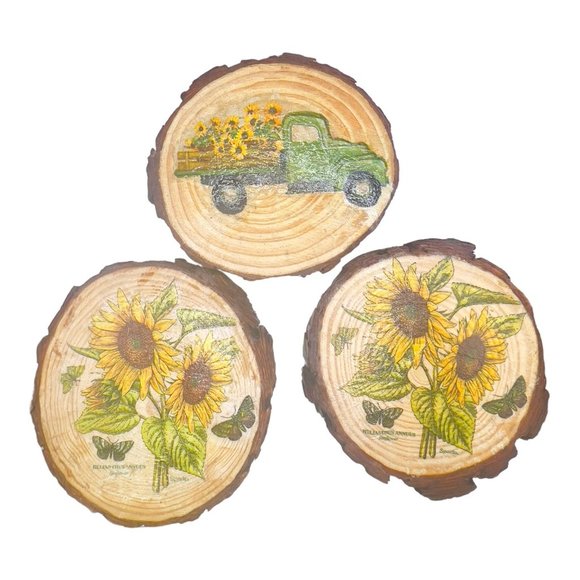 Artisan Other - Wood Coasters Decoupaged Art with Yellow Sunflowers and Vintage Truck Napkins